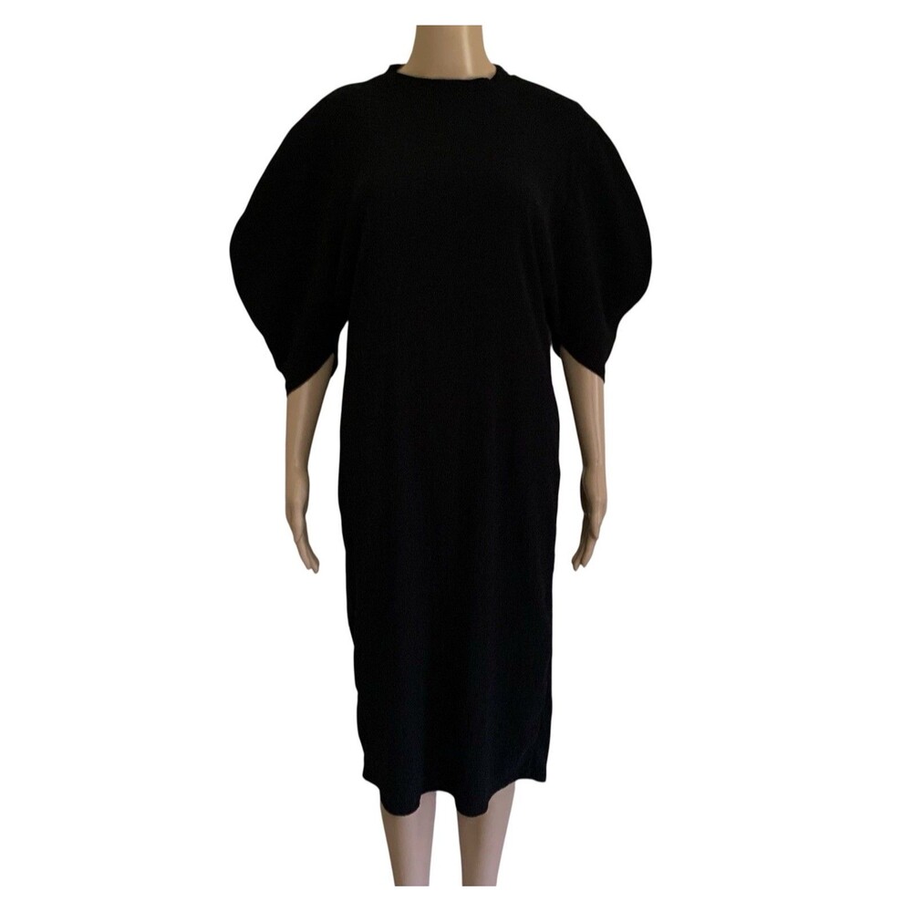 ZARA Black Midi Dress Size M Lightweight Textured Whimsygoth Puff Cocoon Sleeve